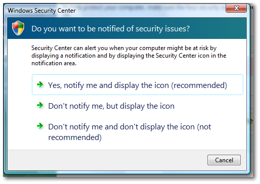 Disable Security Center Popup Notifications in Windows Vista