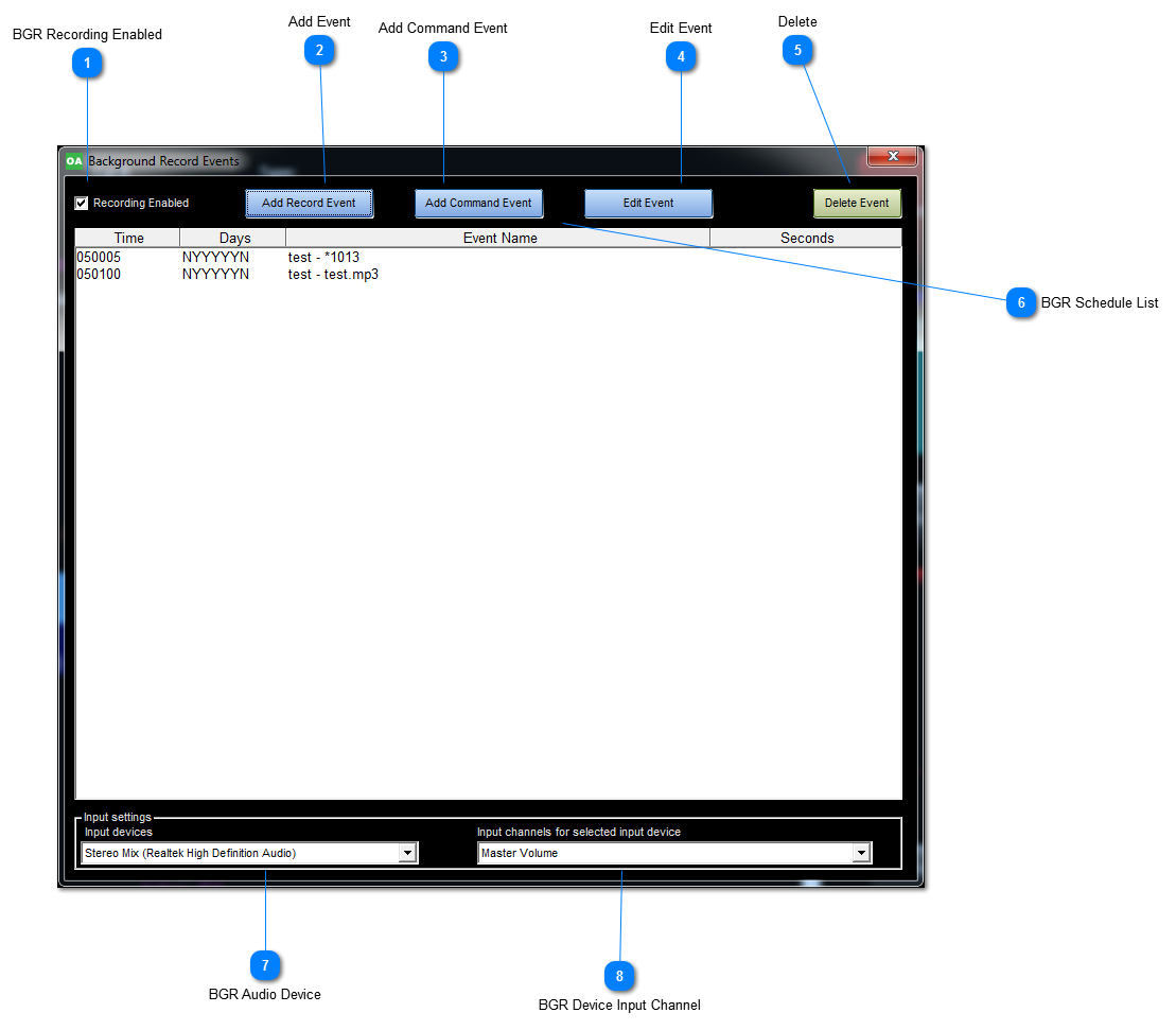 Background Record Events window
