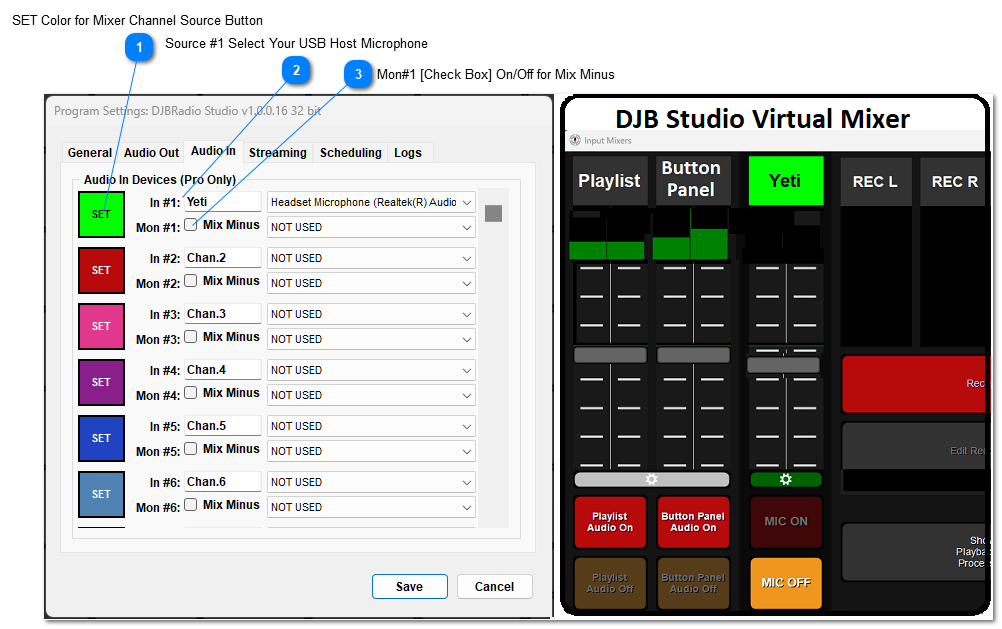 Audio In: Settings USB Mixer Channels & Mix Minus