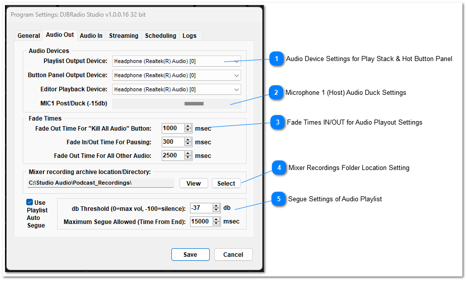 Audio Out: Settings for Devices, Fading, File Location